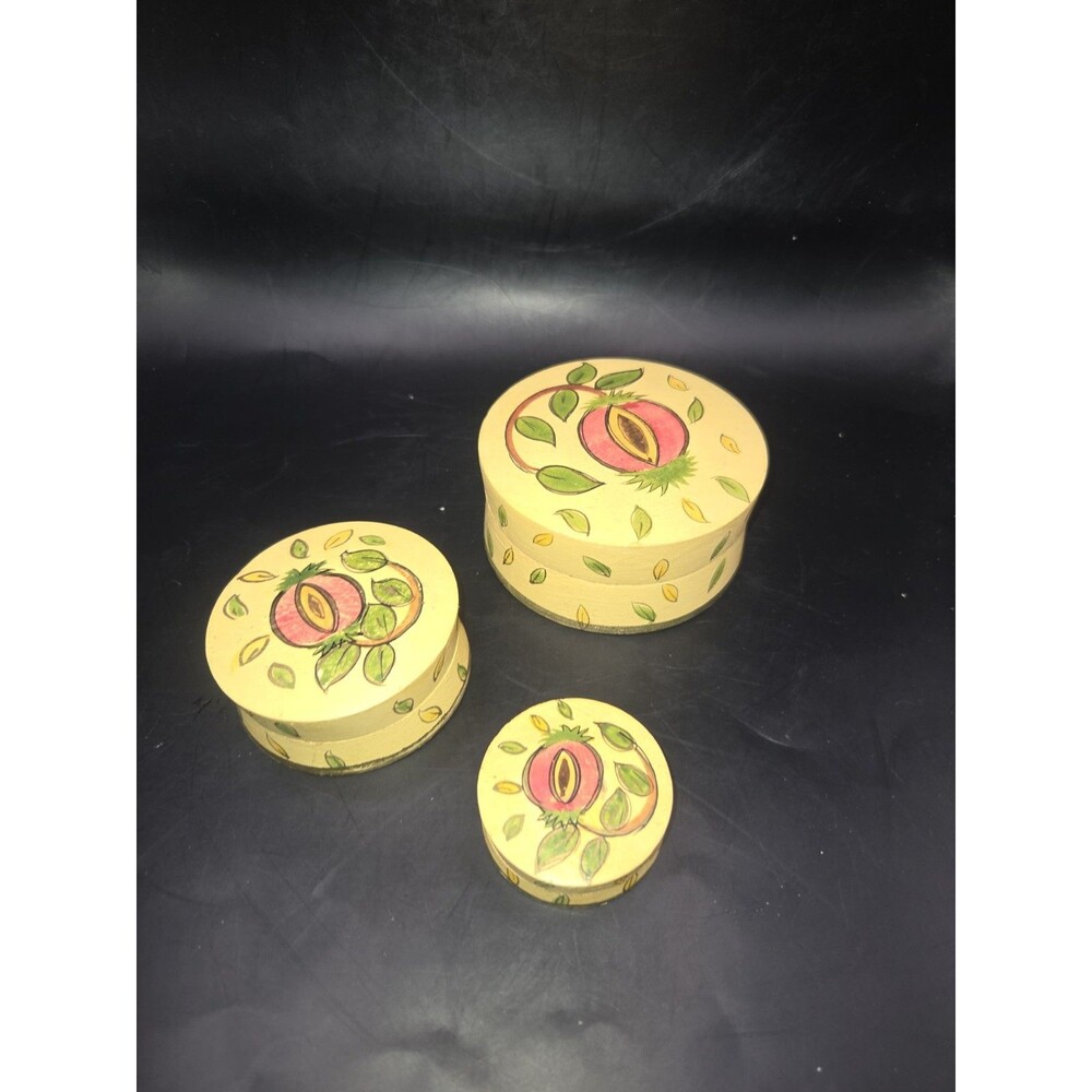 Vintage Foreside Wooden Nesting Trinket Boxes Hand Painted Pomegranate